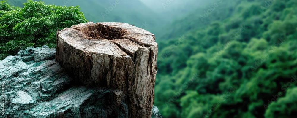 Poster Tree stump exposing illegal forest damage and biodiversity loss concept. A close-up view of a tree stump surrounded by lush greenery.