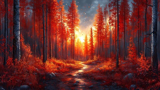Red forest path at sunset