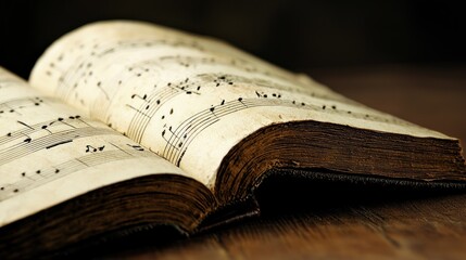 An open antique music book displaying aged musical notation scores