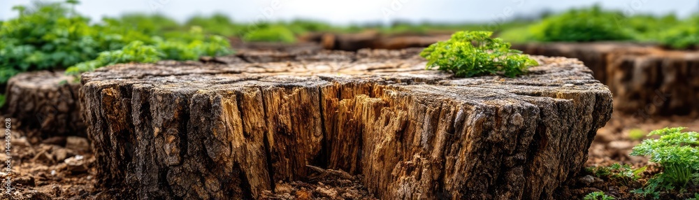 Aufkleber tree stump exposing illegal forest damage and biodiversity loss concept. a close-up of a tree stump 