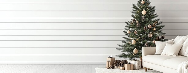 Pastel background realistic rustic Christmas tree mockup in a cabininspired room with pinecones and handmade ornaments