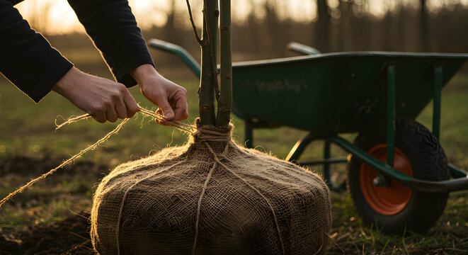 Planting a Young Tree in a Garden Setting at Sunset with Wheelbarrow