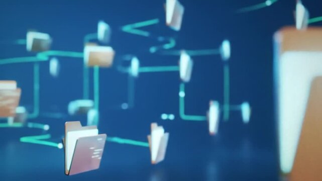3D illustration of digital file folders organized in a virtual network, representing data management, cloud storage, or digital filing systems