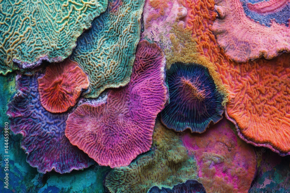 Poster intricate patterns of colorful coral found underwater in a vibrant marine ecosystem, closeup of colo