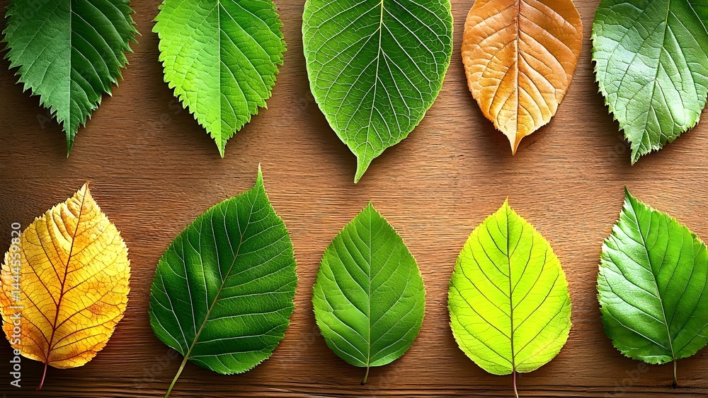 Poster a collection of various leaves showcasing different shapes and colors arranged on a wooden surface. 