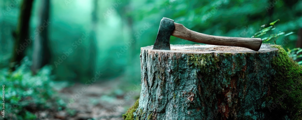 Poster Tree stump reflecting deforestation and climate change crisis concept. Axe resting on a tree stump in a serene forest setting.