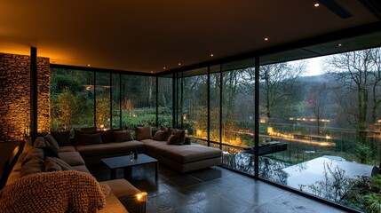 Fototapeta premium A modern living space displays expansive outdoor views elegantly