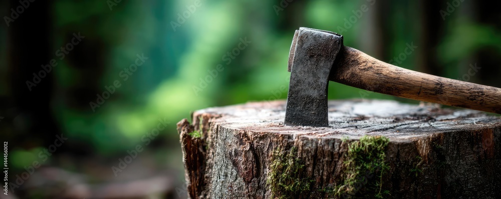 Poster Tree stump reflecting deforestation and climate change crisis concept. Axe resting on a wooden stump in a serene forest setting.