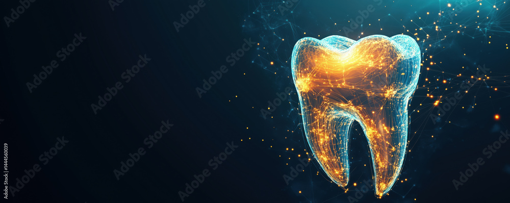 Poster digital representation of a glowing tooth with network connections and particles.