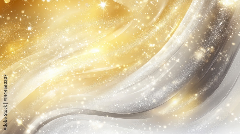 Poster abstract gold and silver wavy background with glitter and sparkles.