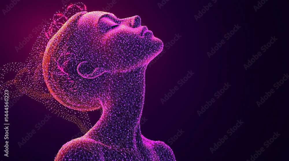 Aufkleber enigmatic woman's face interwoven with a network of dots symbolizing ethereal illumination and abstr