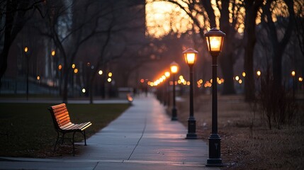 A pathway with glowing street lights at dusk illuminates the scene