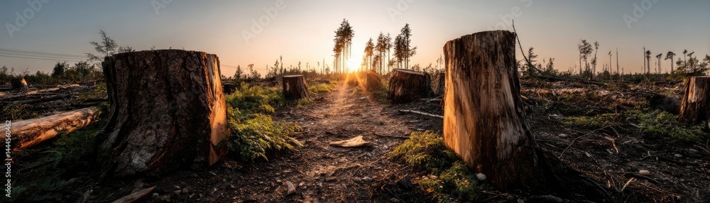 Poster tree stump reflecting deforestation and climate change crisis concept. sunset view of tree stumps in