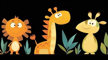 Naklejka premium A colorful illustration of cartoon animals smiling happily together