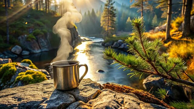 Serene morning with a hot cup of joe by the river in a tranquil forest