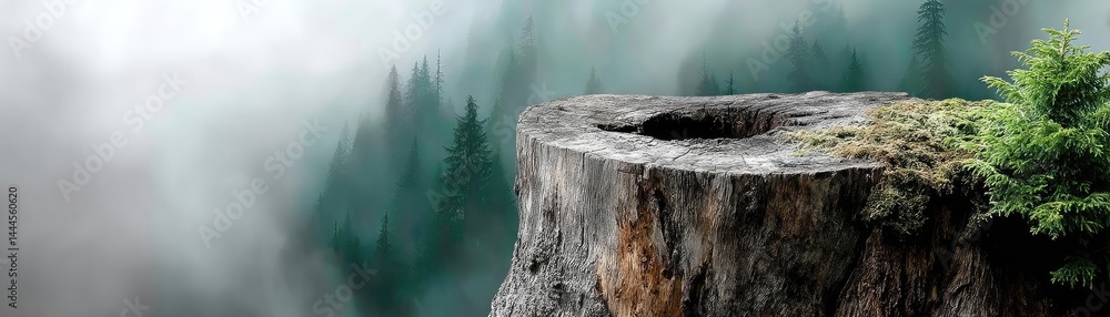 Aufkleber Tree stump representing environmental damage and forest decline concept. A tranquil scene of a foggy forest surrounding a weathered stump.