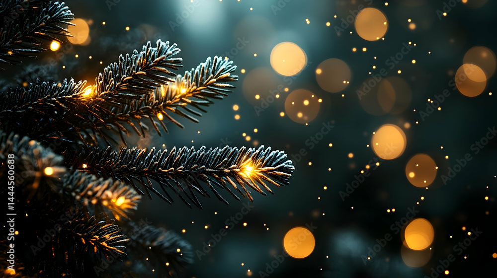 Poster close up of illuminated conifer branch with bokeh effect