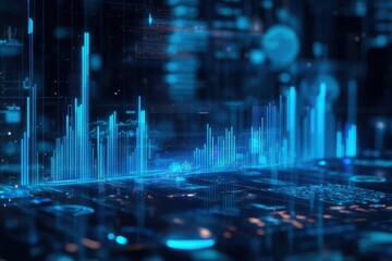 Blurry blue hologram presenting customer data and marketing analysis in a digital environment, Blurry blue 3D SEO hologram, depicting customer and market analysis