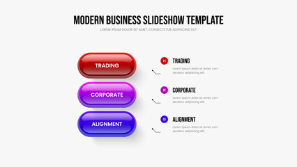 Creative Solution Three Element Diagram Slideshow Template. Digital Visualization Presentation Layout Vector Illustration. Professional Portfolio 3 Option Infographic Frame Design.