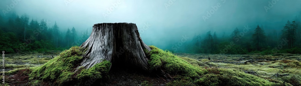Aufkleber Tree stump representing environmental damage and forest decline concept. A serene forest scene featuring a moss-covered tree stump.