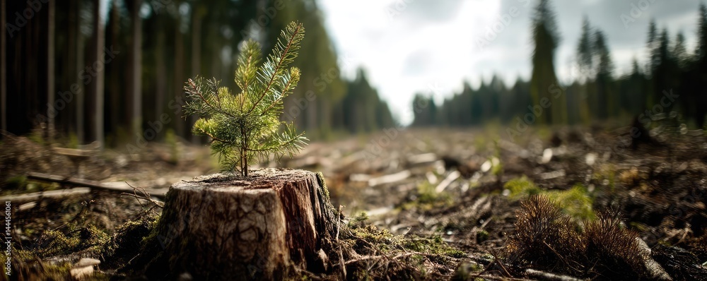 Poster Tree stump exposing illegal forest damage and biodiversity loss concept. A lone sapling grows from a tree stump in a deforested area.
