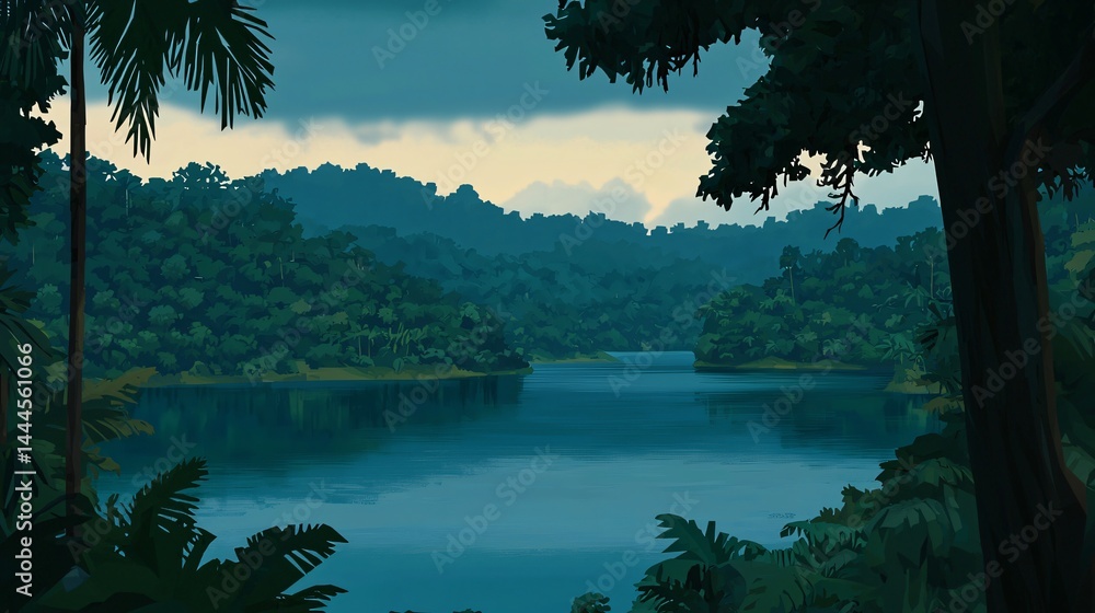 Poster tranquil lake encircled by verdant trees with moody shadows and soft light creating a serene oasis i