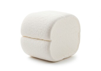 A single white marshmallow with a slight indentation sitting on a white surface in soft lighting