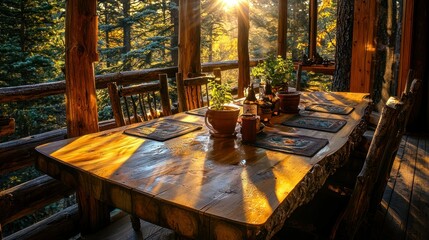 A wooden table set for dining on a cabin porch in bright sunshine