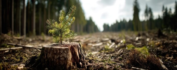 Obraz premium Tree stump exposing illegal forest damage and biodiversity loss concept. A lone sapling grows from a tree stump in a deforested area.