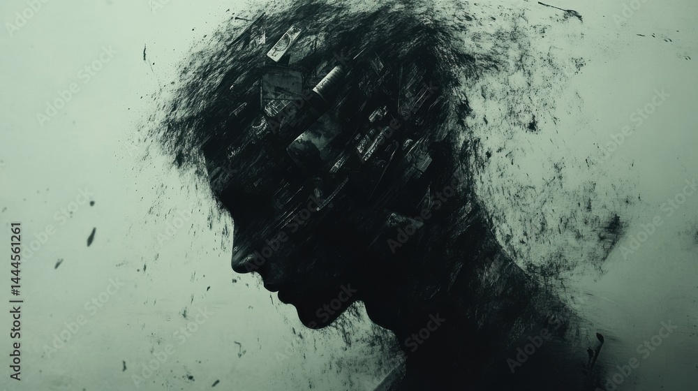 Poster an abstract depiction of ptsd, with jagged lines and fragmented memories floating in a dark void