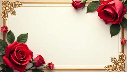 Vintage wedding invite with romantic red roses and gold accents, romantic, red rose