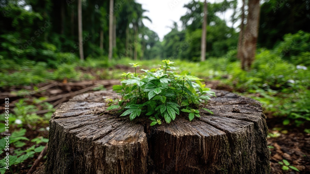 Poster tree stump reflecting deforestation and climate change crisis concept. a small plant emerges from a 