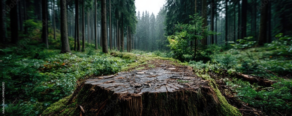 Poster tree stump exposing illegal forest damage and biodiversity loss concept. misty forest landscape show