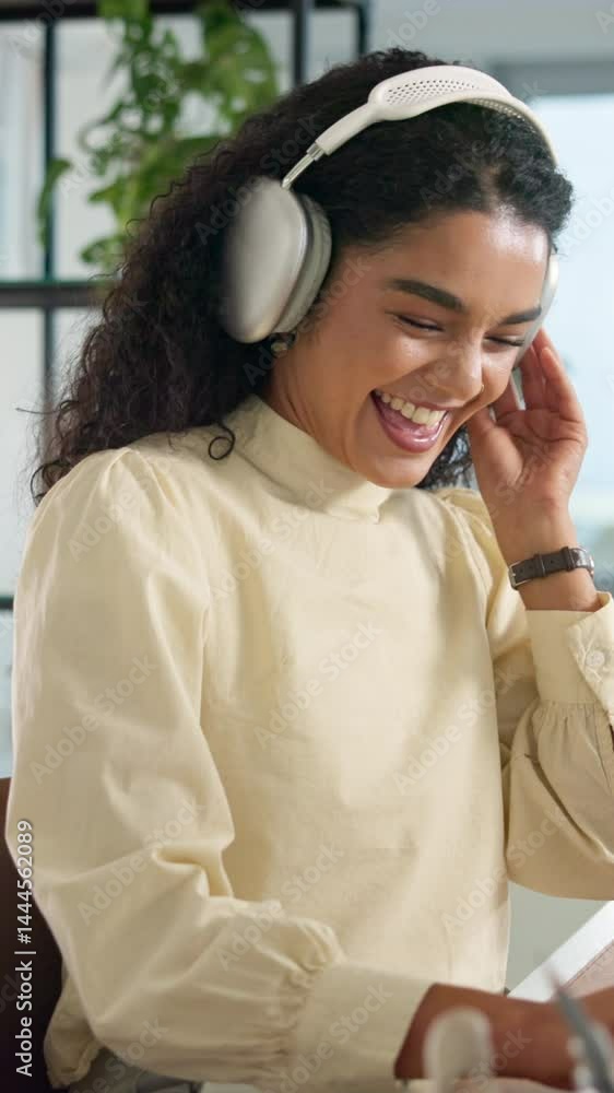 Poster Dance, music and smile with developer woman in office for coding, programming or web design. Energy, headphones and streaming with happy employee in creative workplace for software development
