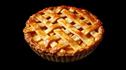 Delicious golden-brown apple pie with lattice crust, isolated on black background.