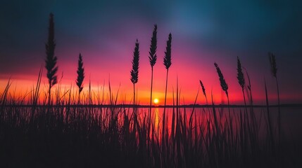 The sun sets over the water with tall plants in silhouette