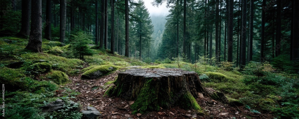 Poster tree stump exposing illegal forest damage and biodiversity loss concept. serene forest scene featuri