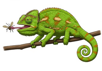 Obraz premium A green chameleon catching a fly with its tongue while perched on a branch illustration art
