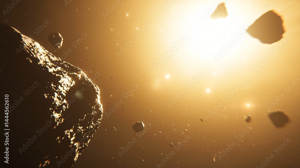Poster a majestic comet surrounded by a swarm of asteroids illuminated by twilight glow in a high angle spa