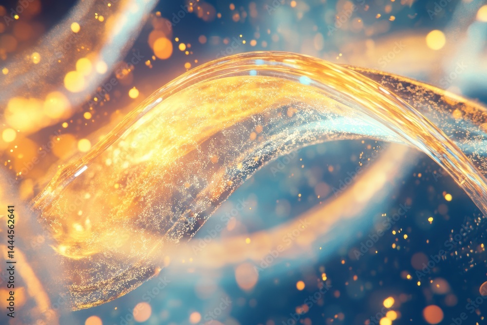 Poster abstract golden liquid wave with sparkling lights and bokeh background: a digital art creation