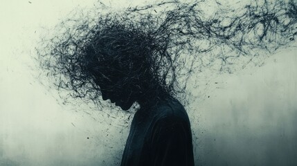 An abstract image of a person surrounded by a whirlwind of chaotic lines, representing intrusive depressive thoughts 