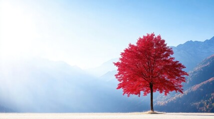 Solitary Red Tree Mountain Landscape Serene Minimalist Style High Definition Landscape Wide Shot Autumnal Colors Peaceful Solitude Stunning Nature Photography Ideal for Calming Wall Art