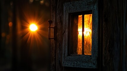 A rustic wooden window with light of the sun