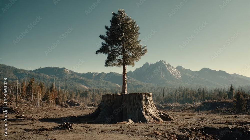 Poster Tree stump representing environmental damage and forest decline concept. Lonely tree stands atop a stump in a vast, tranquil landscape.