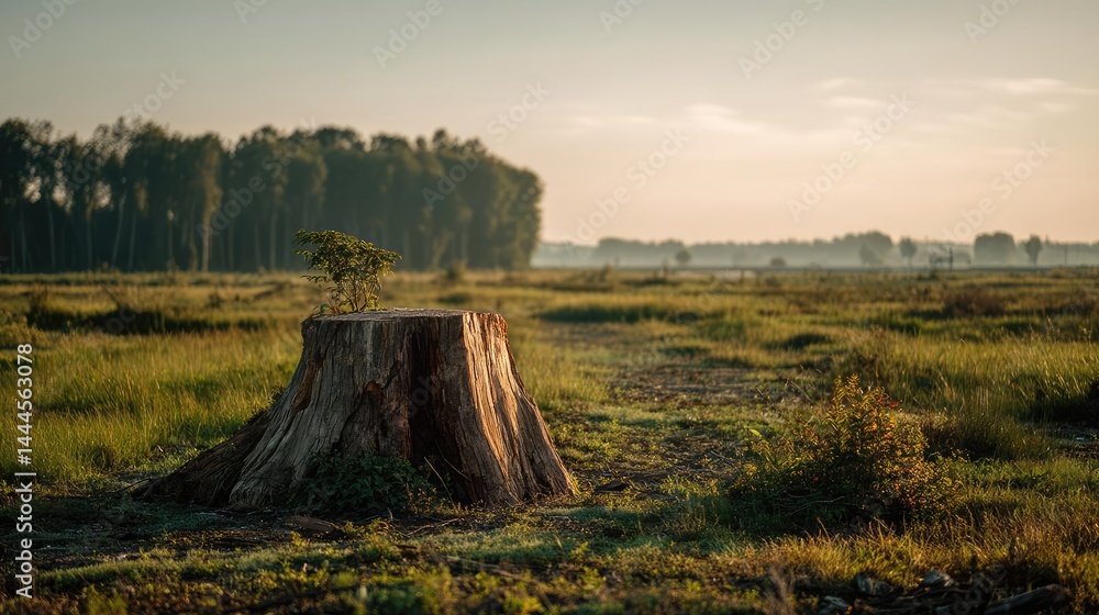 Poster Tree stump representing environmental damage and forest decline concept. A tree stump in a serene landscape, symbolizing nature's resilience.