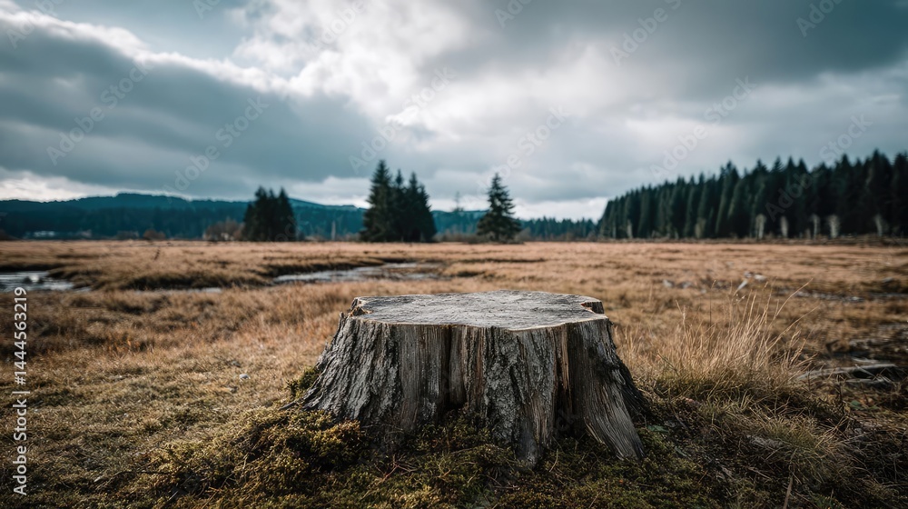 Poster Tree stump representing environmental damage and forest decline concept. A serene landscape featuring a tree stump amidst grassy fields.
