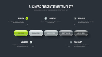 Product Introduction 5 Option Infographic Slide Layout. Market Showcase Five Step Diagram Slideshow Template. Digital Solution Frame Design Vector Illustration.