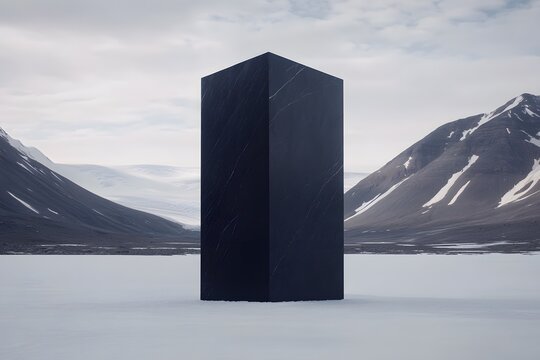 Mysterious Black Monolith Stands in Snowy Mountainous Arctic Landscape