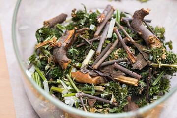 Dried motherwort and mistletoe used in medicine