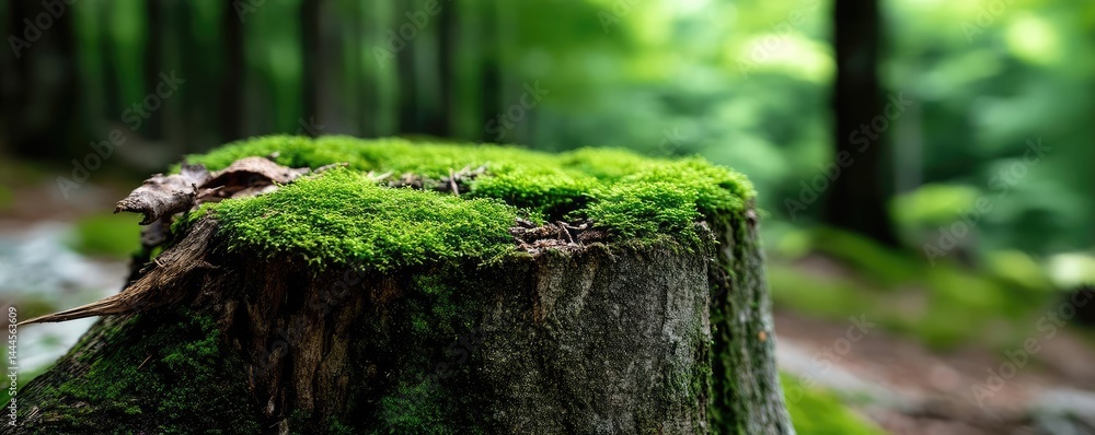 Poster Tree stump representing environmental damage and forest decline concept. A lush moss-covered stump in a serene forest setting.